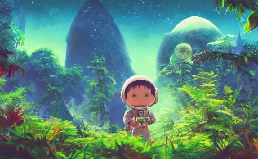 Prompt: a still of a cute adorable tiny astronaut, on a planet of lush colorful foliage, with an enormous kaiju space dragon surrounding the full background, magical forest, sharp focus, neon backlit, highly detailed, disney pixar studio ghibli makoto shinkai, digital painting, matte, octane render, global illumination, iridescent, anime, 8 k concept art