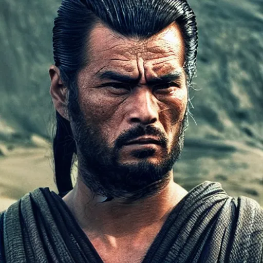 Image similar to handsome and strong! kurdish! samurai in a movie directed by christopher nolan, movie still frame, promotional image, imax 7 0 mm footage, perfect symmetrical facial features