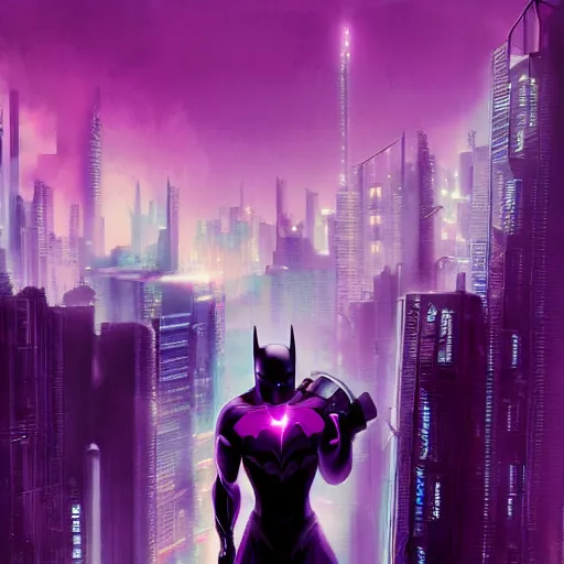 Image similar to batman beyond, cyberpunk, cityscape, purple sky, artgerm, greg rutkowski