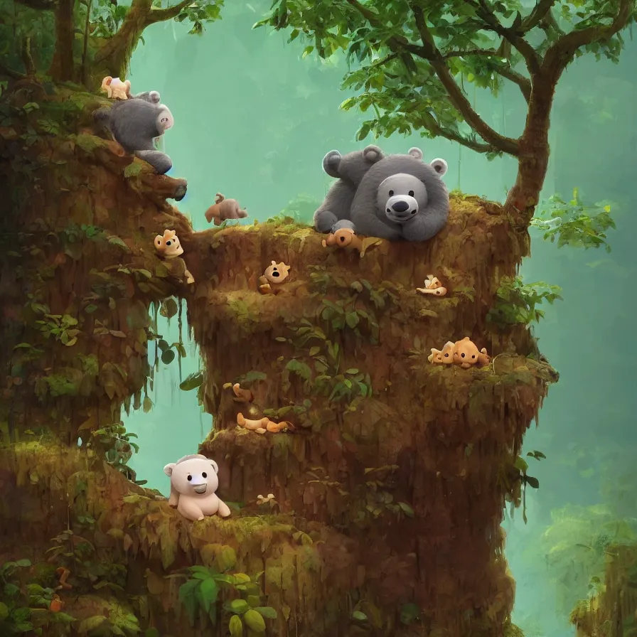 Image similar to A baby bear on top of a trunk that navigates the river of a jungle, art by Goro Fujita, ilustration, concept art, sharp focus, ArtStation, Deviantart