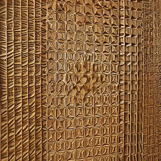 Prompt: physical honeycomb pattern wooden sculpture 10 feet tall golden inset ornate detail free standing installation