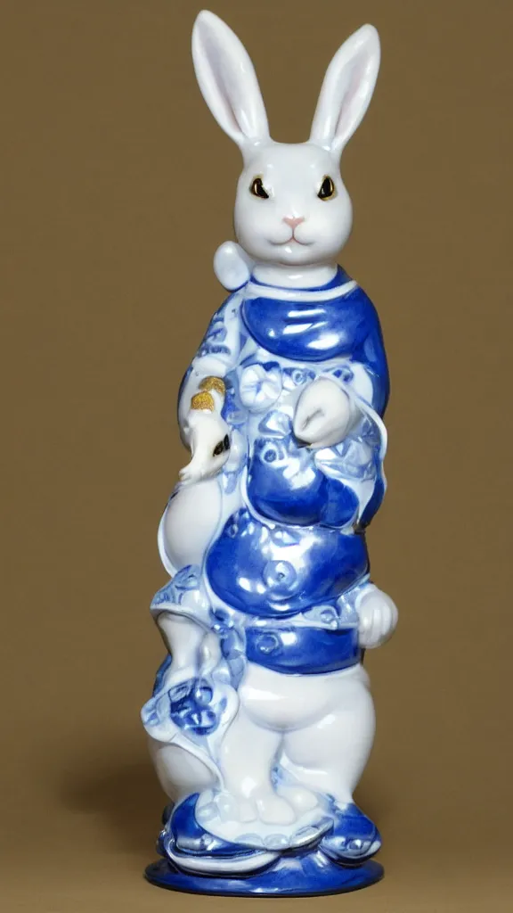 Image similar to porcelain rabbit head budda statue with blue details having a japanese kiseru in hand painted by john singer sargent