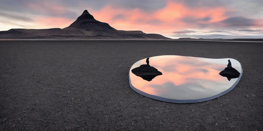 Prompt: futuristic angular minimalist sculpture made from deconstucted charcoal wood and mirrors, refracted, floating, iceland landscape photography sunset, by lurie belegurschi and gunnar freyr