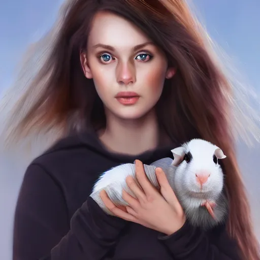 Image similar to Caucasian white girl from Australia, wearing eyeliner, holding her dark brown guinea pig, out in the wilderness at morning, trending on artstation, artstationHQ, artstationHD, photorealistic imagery.