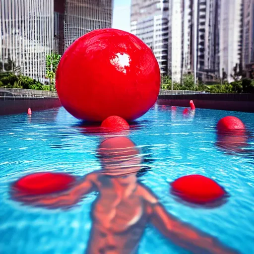 Image similar to a giant benjamin netanyahu sculpture made out of juicy red jelly inside a pool, long shot, hyper detailed, hyper realistic, ray tracing, 8 k resolution, sharp focus, realistic water, award winning