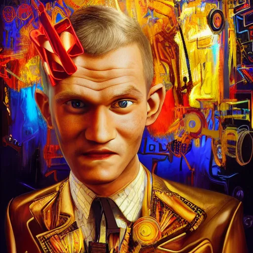 Image similar to vitalik buterin, realistic, regal, refined, detailed digital art, michael cheval, walt disney ( 1 9 3 7 ), basquiat, oil painting, steampunk, highly detailed, cinematic lighting, unreal engine, 8 k