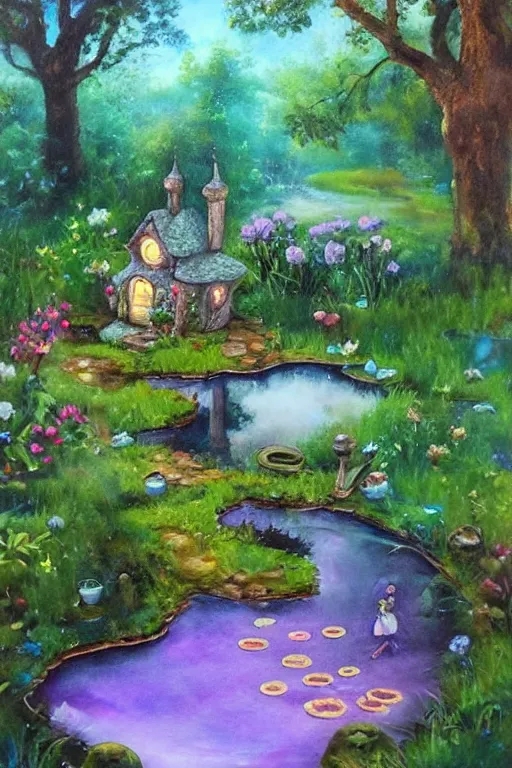 Prompt: oil painted fairy garden with pond and fantasy trees painted by Jasmin Habezal-Feri, trending on artstation