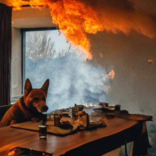 Prompt: a photograph of an humanlike relaxed dog in his house, sitting at a table, ☕ on the table, surrounded by flames, room is on fire, smoke under the ceiling