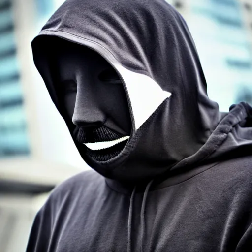 Image similar to realistic photo of hacker in anonymous mask, black, close up, front view, background, hood, extremely detailed, sharp focus, masterpiece,