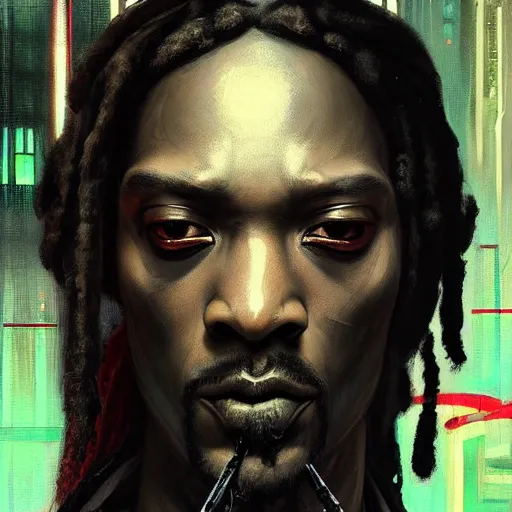 Image similar to a beautiful ukiyo painting of snoop dog cyberpunk blade runner, dramatic pose, wearing japanese techwear, detailed symmetrical, intricate complexity, concept art, by ismail inceoglu dragan bibin hans thoma greg rutkowski alexandros pyromallis nekro rene maritte illustrated, perfect face, fine details, realistic shaded, fine - face, pretty face