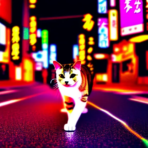 Image similar to a cat waking in a neon light street, in japan, 4 k, high definition wallpaper