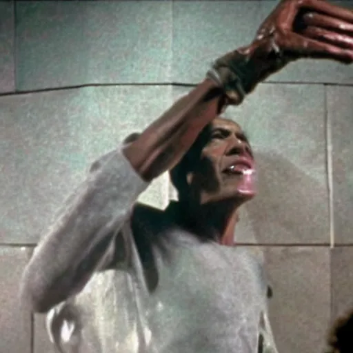 Image similar to film still of Barack Obama being held against a wall by a predator in the movie Alien.