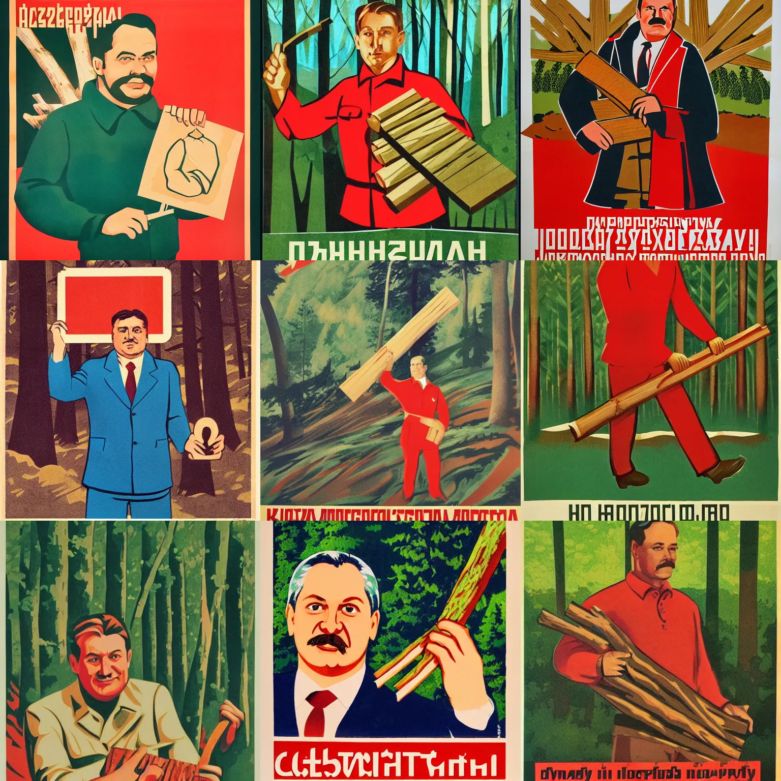 Prompt: soviet propaganda poster of hungarian politician, holding a wood piece, forest in background