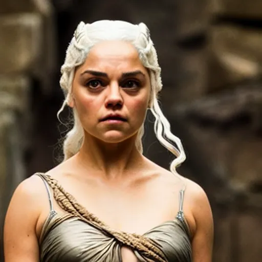 Prompt: mila kunis as daenerys targaryen, golden hour, cinematic