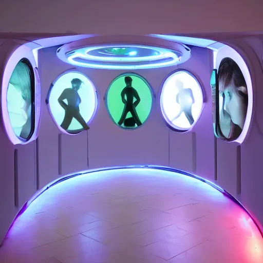 Image similar to cybernetic healing pods, diverse humans in healing pods, humans in healing pods, from the side, floating bodies, wide wide angle, vivid, elaborate, highly detailed, beautiful lighting