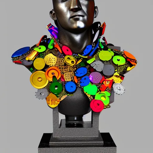Prompt: statue of man made of many colorful welded metal pieces, 8K, digital art, award winning