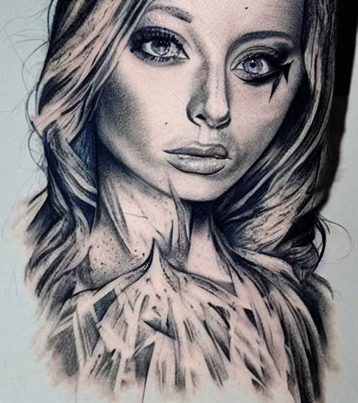 Image similar to realism tattoo sketch of a isabelledeltore face double exposure with nature, in the style of matteo pasqualin, amazing detail, sharp, faded