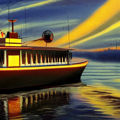 Image similar to artdeco river boat in the deep south, evening sun, intense lighting, hyper realistic,