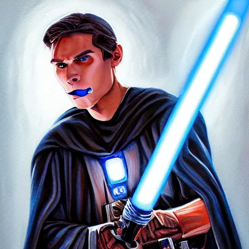 Image similar to jerma 9 8 5 wielding a blue lightsaber, jedi, detailed painting, trending on artstation