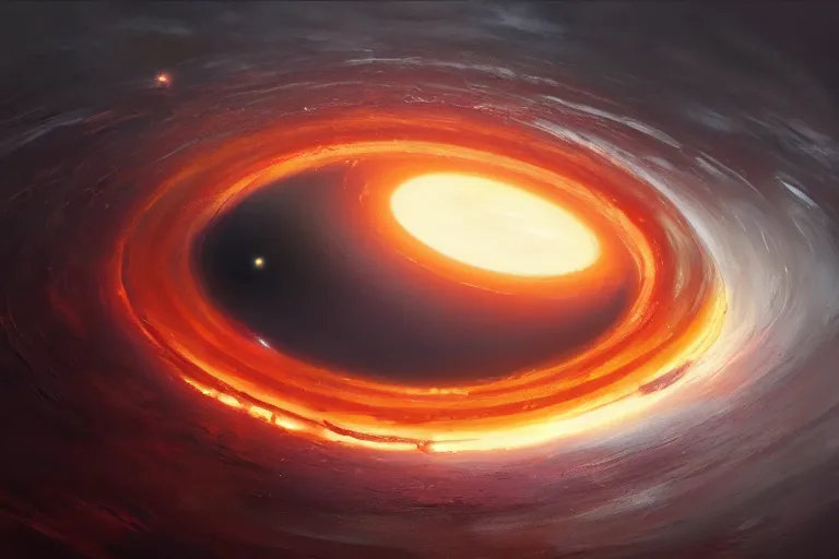 Image similar to a beautiful oil painting of the event horizon of a black hole, orange, warping, detailed, beautiful, awe - inspiring, bright, by greg rutkowski, trending on artstation