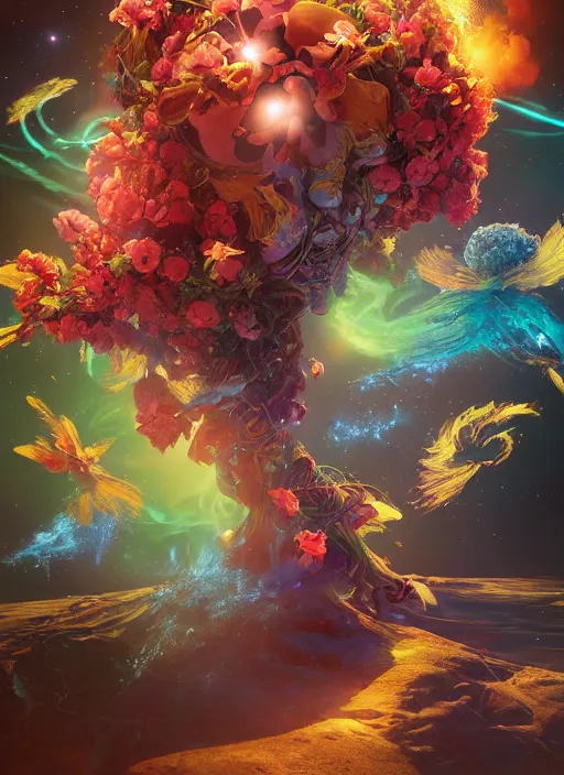 Image similar to An epic fantastic realism comic book style painting of the most beautiful entwined flowers launched across the galaxy, floating bouquets, fisheye, lightning creating life, unreal 5, DAZ, hyperrealistic, octane render, dynamic lighting