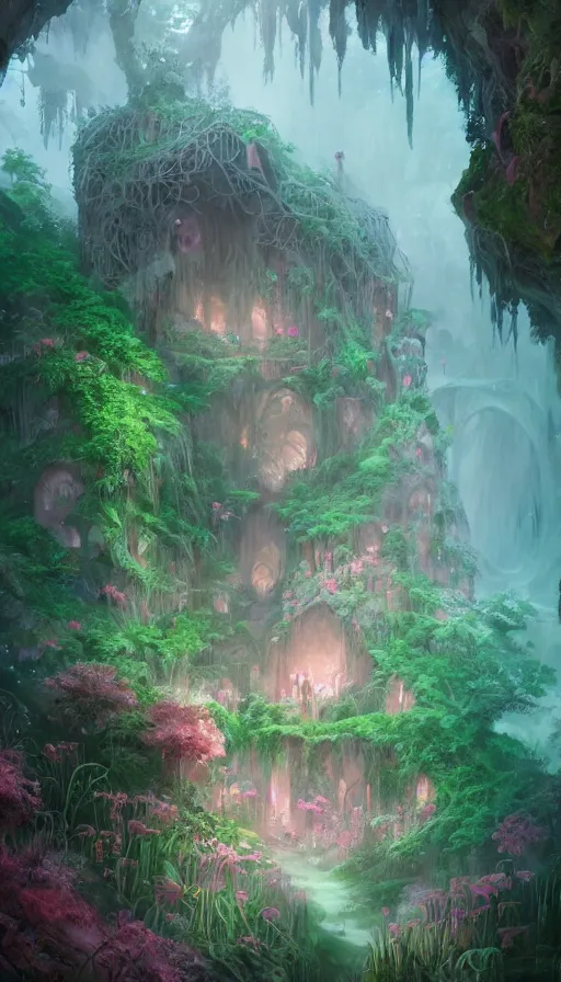 Prompt: the overgrown elvish cave village by charlie bowater and anna dittmann and artgerm and clemens ascher, intricate, elegant, pink and blue and green mist, highly detailed, dramatic lighting, sharp focus, octane render, trending on artstation, artstationhd, artstationhq, unreal engine, 4 k, 8 k