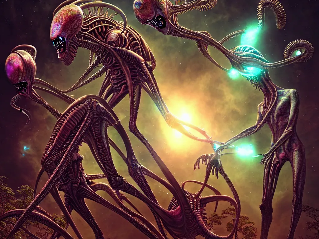 Prompt: highly detailed photo of alien humans, trending on deviantart, neo surrealism, sharp focus, a lot of little details, lens flare, epic render, magical composition, deep color scheme, ornate, intricate, octane, masterpiece, art by ernst haeckel and android jones