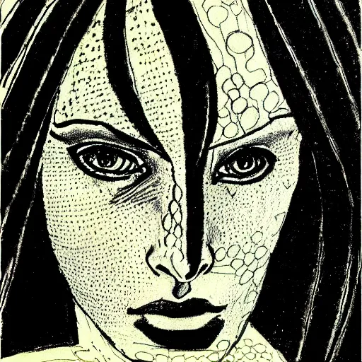 Prompt: drawing portrait of woman by Druillet