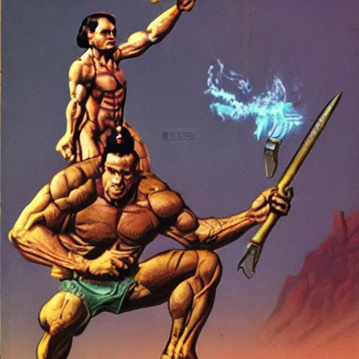 Prompt: muscular martian barbarian, standing on boulder, holding weapon in both hands, science fiction pulp illustration