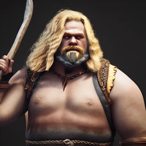 Image similar to a handsome, corpulent viking with blond hair, clash royal style characters, unreal engine 5, octane render, detailed, cinematografic, cinema 4 d