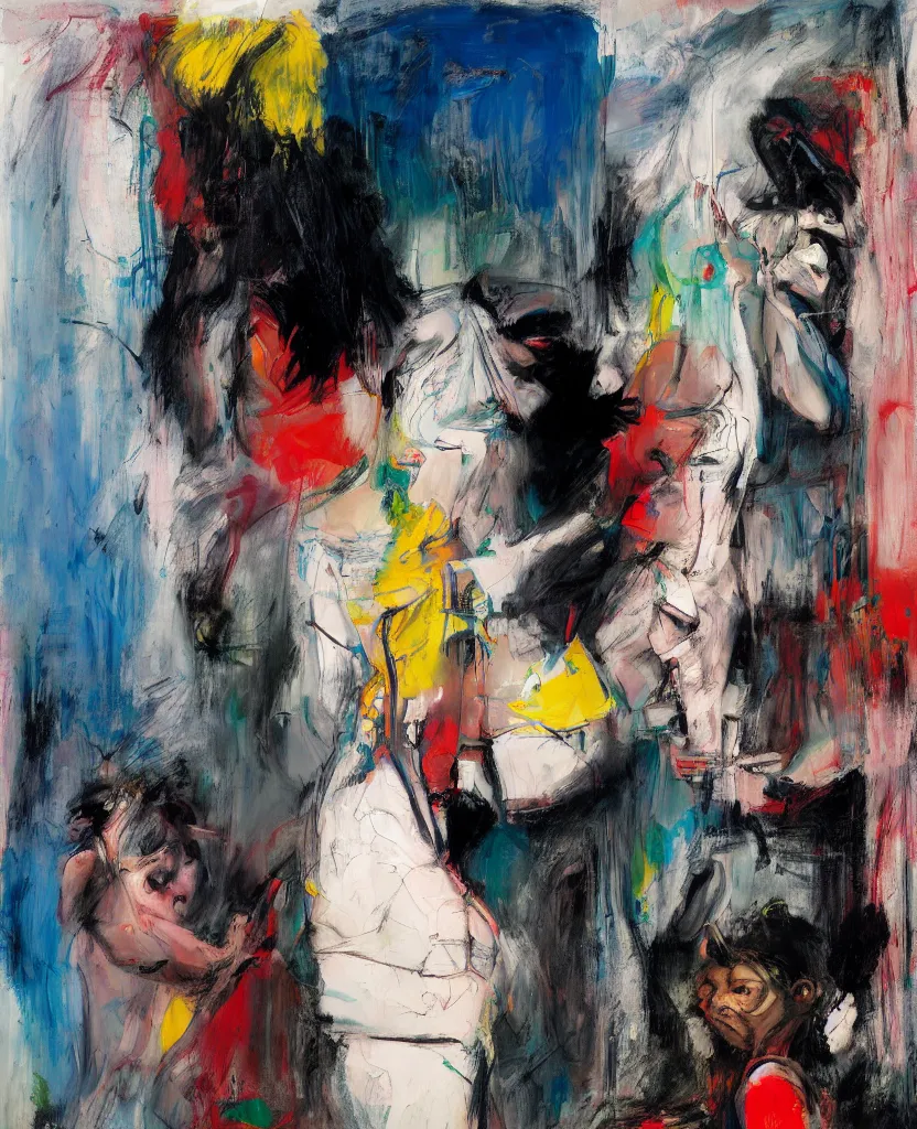 Prompt: a cyborg woman and a child crying in a fridge painted by Adrian Ghenie and Willem de Kooning and Cy Twombly