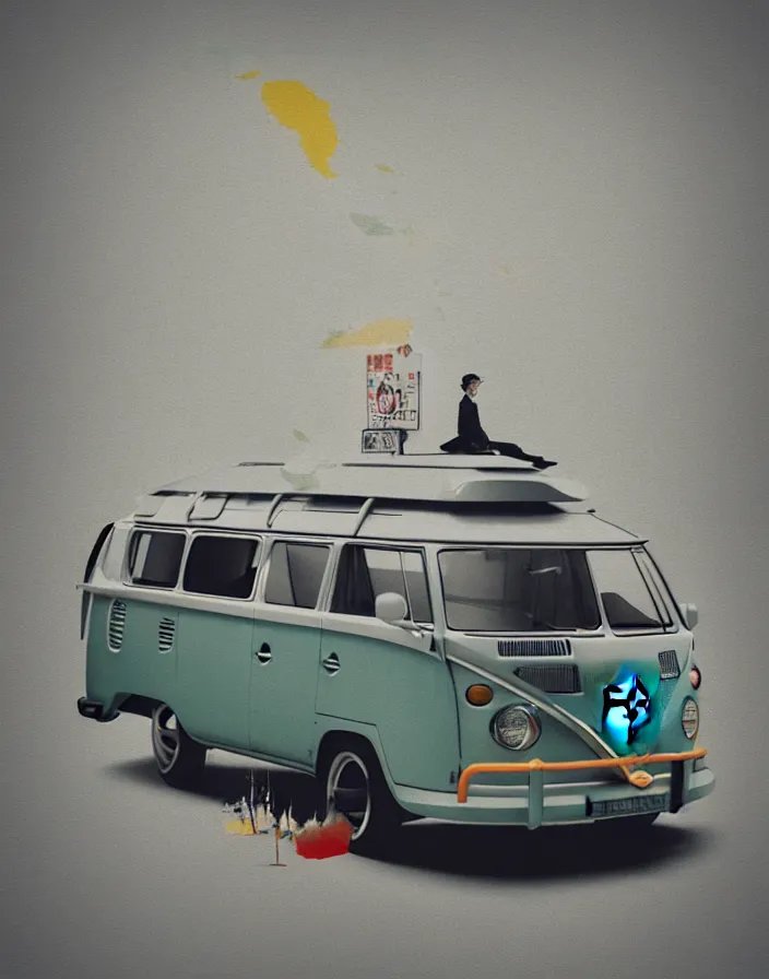 Prompt: front view vw camper touring rural japan, a collage painting, in the style of wes anderson, lola dupre, david hockney, isolated on negative white space background dark monochrome fluorescent spraypaint accents volumetric octane render