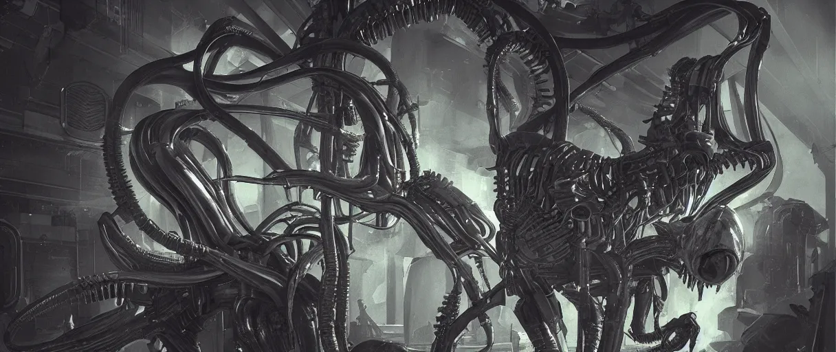 Image similar to duotone noir hyperreal concept illustration of shiny black xenomorph alien machinery by hr giger. cosmic horror atmosphere. cinematic volumentric lighting. by sachin teng and sergey kolesov and ruan jia and heng z. graffiti art, scifi, fantasy, hyper detailed. octane render. trending on artstation