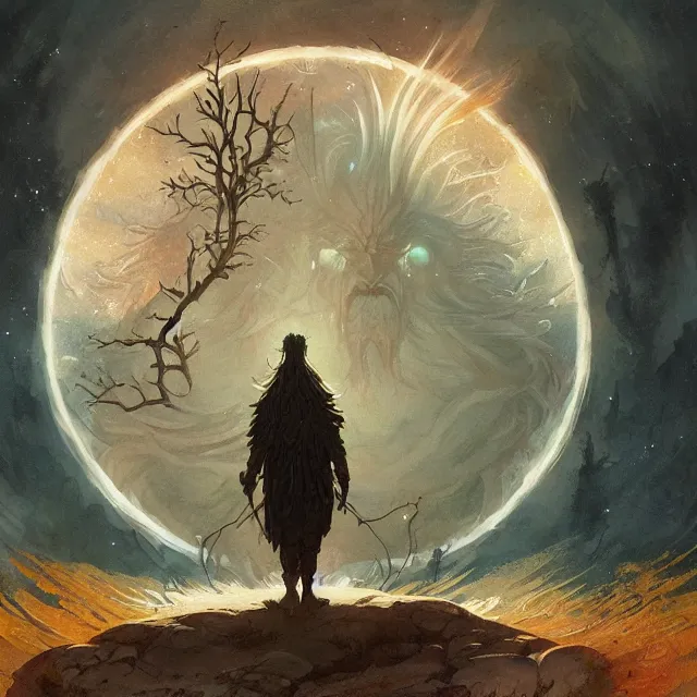 Prompt: a druid standing in a circle at the beginning of the world by greg rutkowski and frank frazetta and peter mohrbacher and william blake and dan mumford