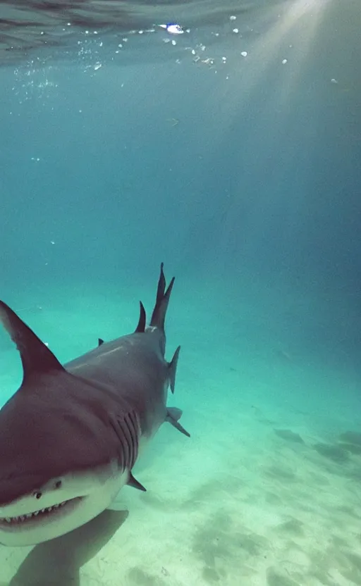 Prompt: im under water swimming with the fishes, i looked over and see a big shark swimming towards me, 8 k, gopro