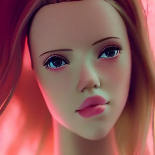 Image similar to “ scarlett johansson portrait, barbie, doll, pink clothes, cinematic lighting, pastel, cute ”