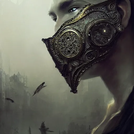 Image similar to Very very very very highly detailed epic photo of face with venetian mask, intricate, dystopian, sci-fi, extremely detailed, digital painting, artstation, concept art, smooth, sharp focus, illustration, intimidating lighting, incredible art by Greg Rutkowski and Jakub Rozalski and Artgerm and Anton Pieck