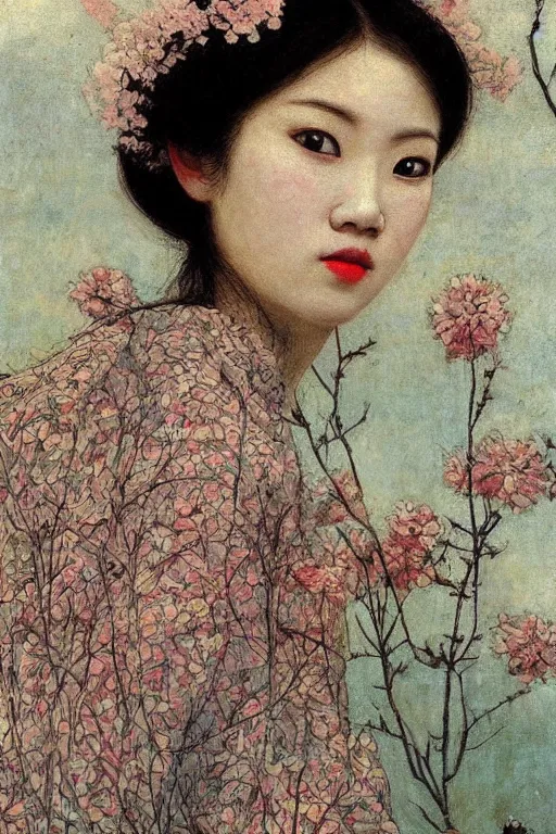 Image similar to close - up fashion asian woman portrait airy flowers sacura cloudy sky art by vasnetsov