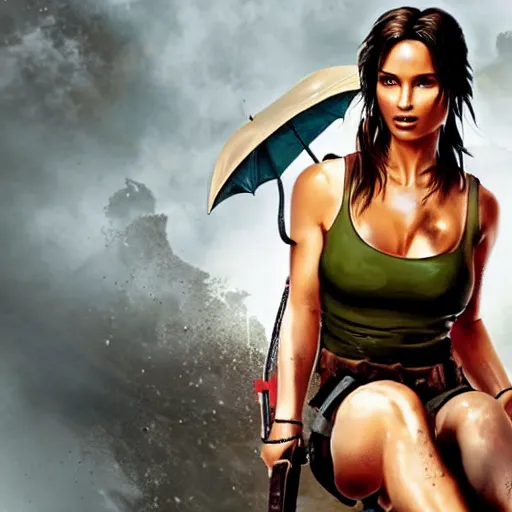 Prompt: Lara Croft Tomb Raider holding an umbrella getting a pedicure