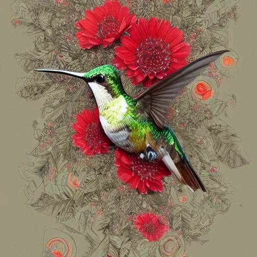 Prompt: hummingbird, covered with fine floral ornaments, eye - level medium - angle shot, intricate, floral background, by esao andrews, by m. w. kaluta, by yoshita amano, intricate, symmetrical, natural lighting, smooth, 3 d octane render, depth perception, 4 k,, artstation