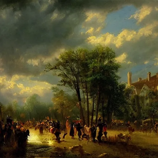 Image similar to scarecrow parade, landscape, romanticism by andreas achenbach