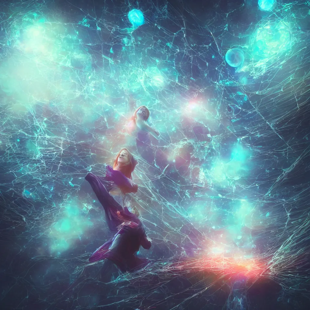 Prompt: letting go of reality and experiencing the opalescent web of interconnectedness between all things. matte painting comic book art, cinematic, highly detailed, realistic, beautiful cosmic neural network, octane render, unreal engine, depth of field, trending on artstation, sharp focus, philosophical splashes of colors