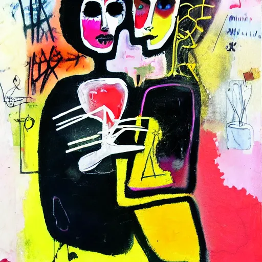 Image similar to watercolor painting of two bizarre psychedelic goth women kissing each other closeup in a cafe in spain, speculative evolution, mixed media collage by basquiat and jackson pollock, maximalist magazine collage art, sapphic art, lesbian art, chemically damaged