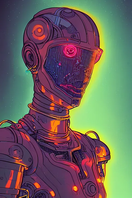 Image similar to portrait of a cyborg girl with a ribbed biomechanic armor and neon light, illustrated by Laurie Greasley and Michael Whelan , digital painting, highly detailed, trending on artstation