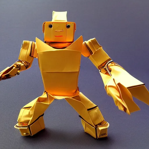 Prompt: robot made in origami hyperdetailed realistic golden hour illumination