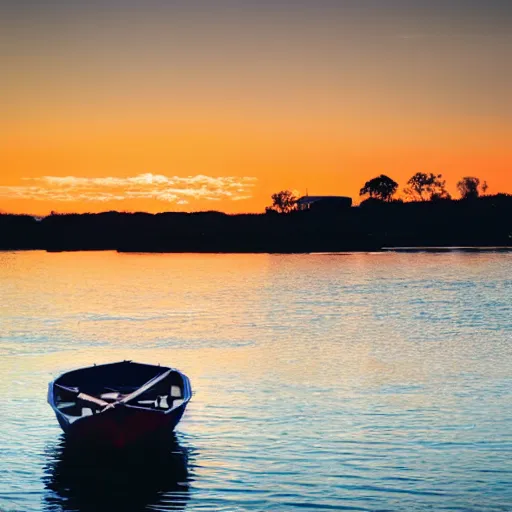 Prompt: a photo of a house, boat on the water, sunset