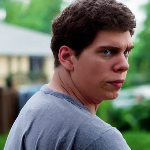 Image similar to Live Action Still of Jerma in Superbad, real life, hyperrealistic, ultra realistic, realistic, highly detailed, epic, HD quality, 8k resolution, body and headshot, film still