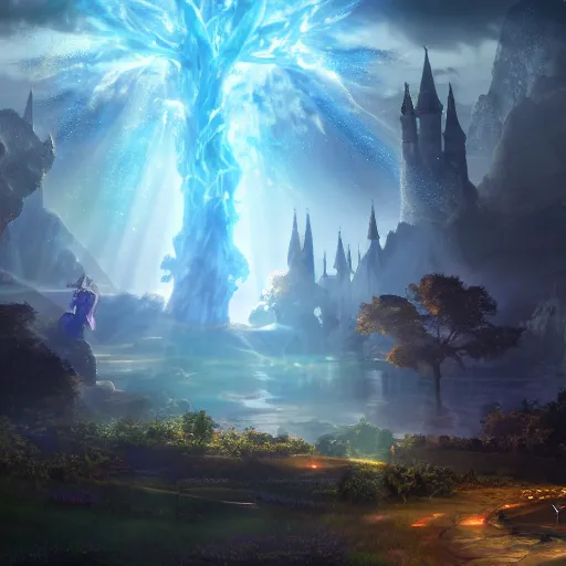 Prompt: a magical wizard in front of a big and mystical of a big and structured fantasy kingdom city, god rays, giant tree, portal to outer space digital art 8k, trending on artstation, anime, unreal engine