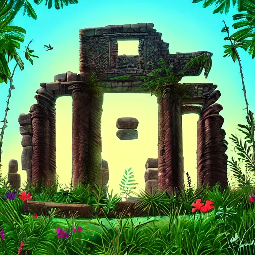 Image similar to ancient ruins with a portal and plants,digital art,retrowave art