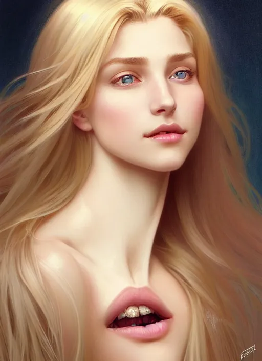 Image similar to beautiful feminine face! portrait of young woman blessed by god with ever - increasing physical mental perfection, blonde hair, symmetrical! intricate, elegant, highly detailed, holy perfection!! smile, plush lips, digital painting, artstation, concept art, smooth, sharp focus, illustration, art by artgerm and greg rutkowski and alphonse mucha